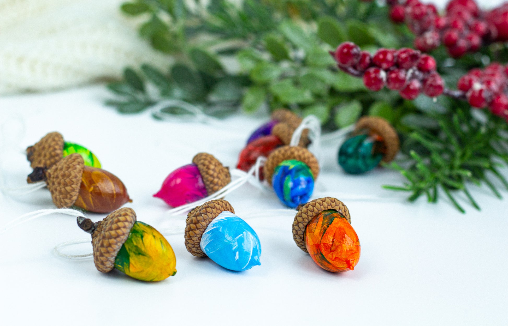 Christmas decor Hand painted multi-colored acorns