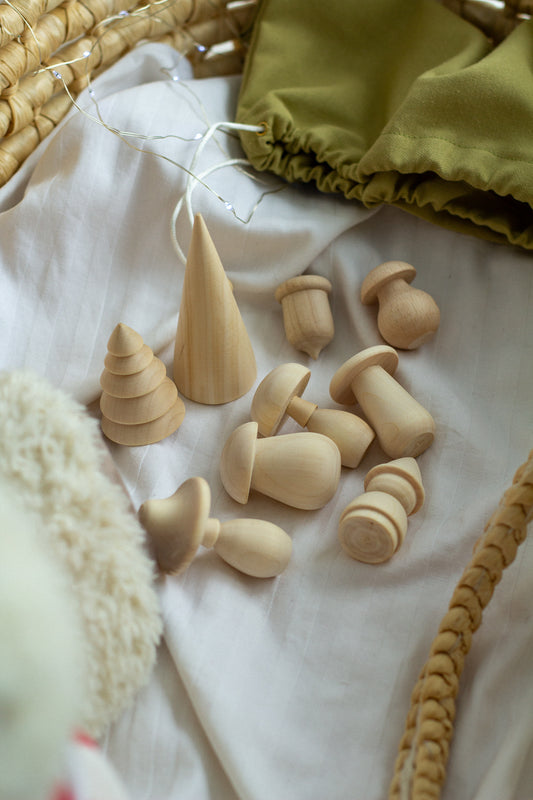 Set of wooden toys in a linen bag