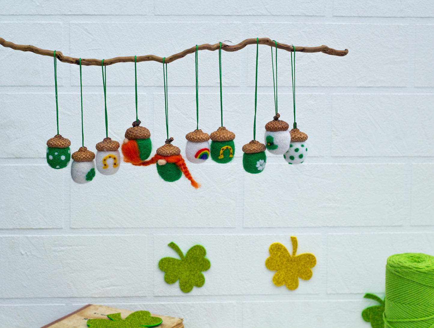 St. Patrick's Day acorns ornaments Set of 10 natural rustic holiday decorations
