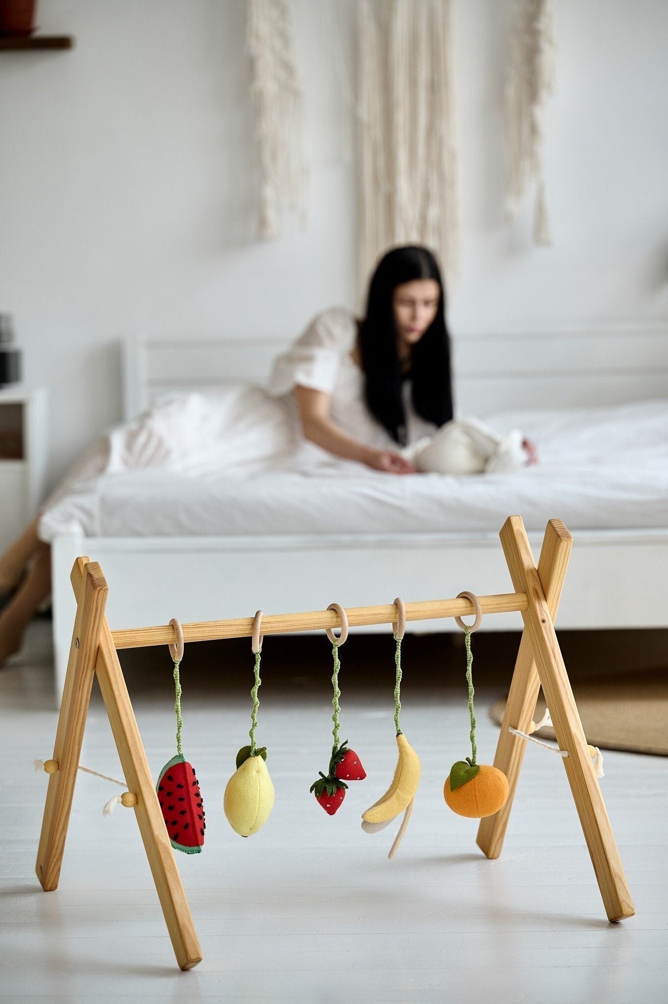 Fruit Baby Gym Toy Set – Felt Hanging Toys with Wooden Rings - WoollyFox