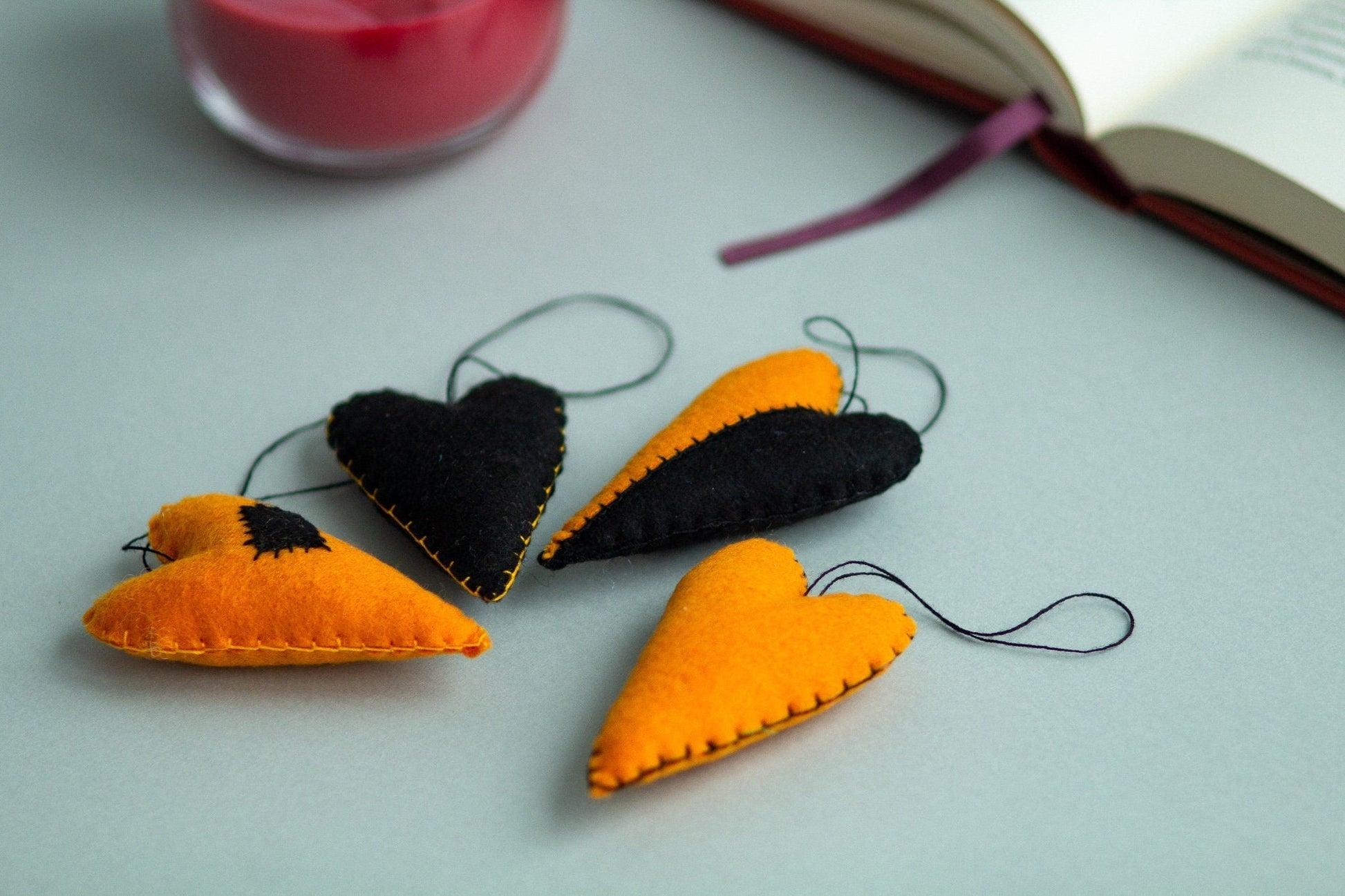 Halloween Felt Heart Ornaments – Handmade Black & Orange Decor - WoollyFox