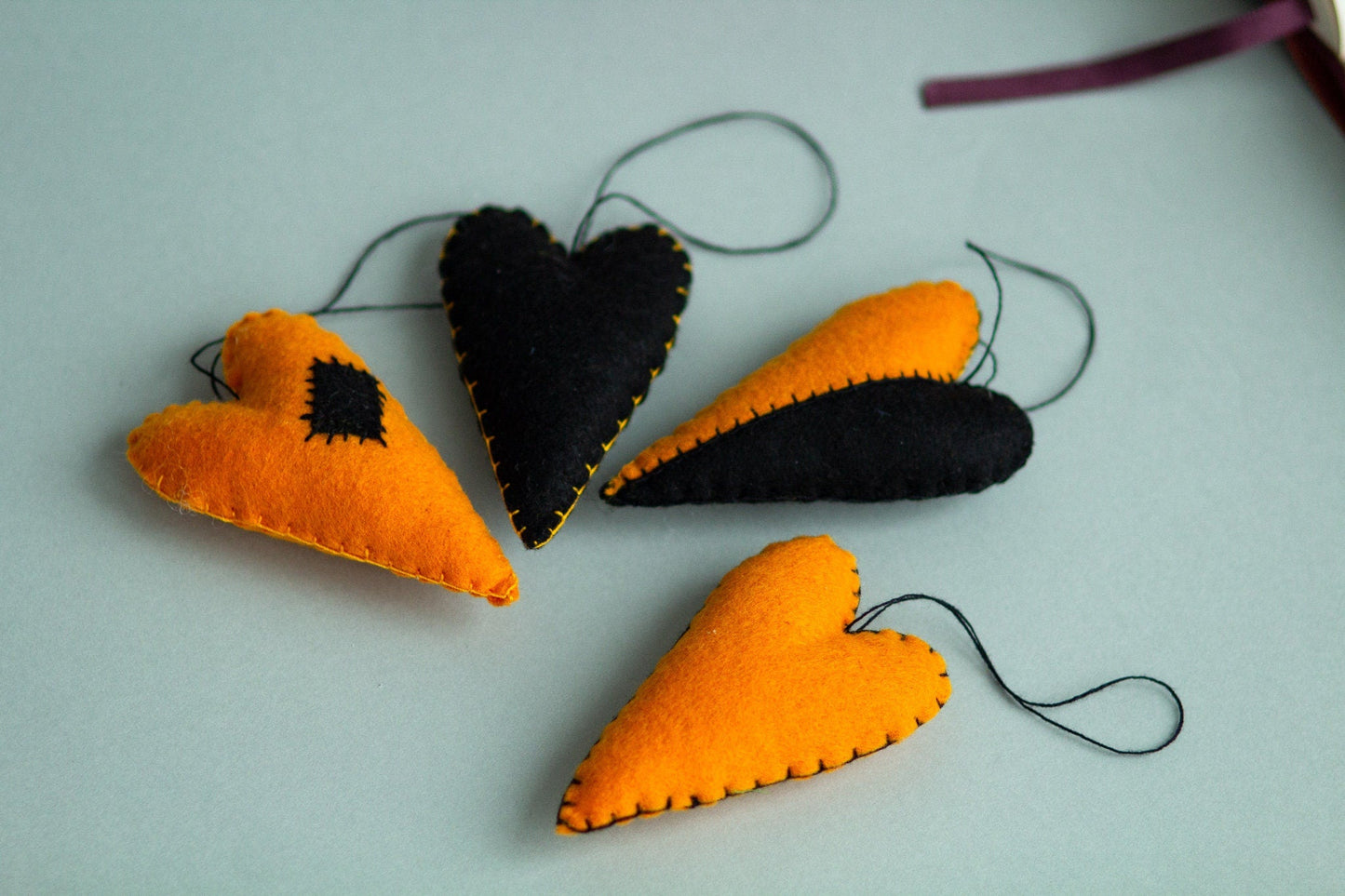 Halloween Felt Heart Ornaments – Handmade Black & Orange Decor - WoollyFox