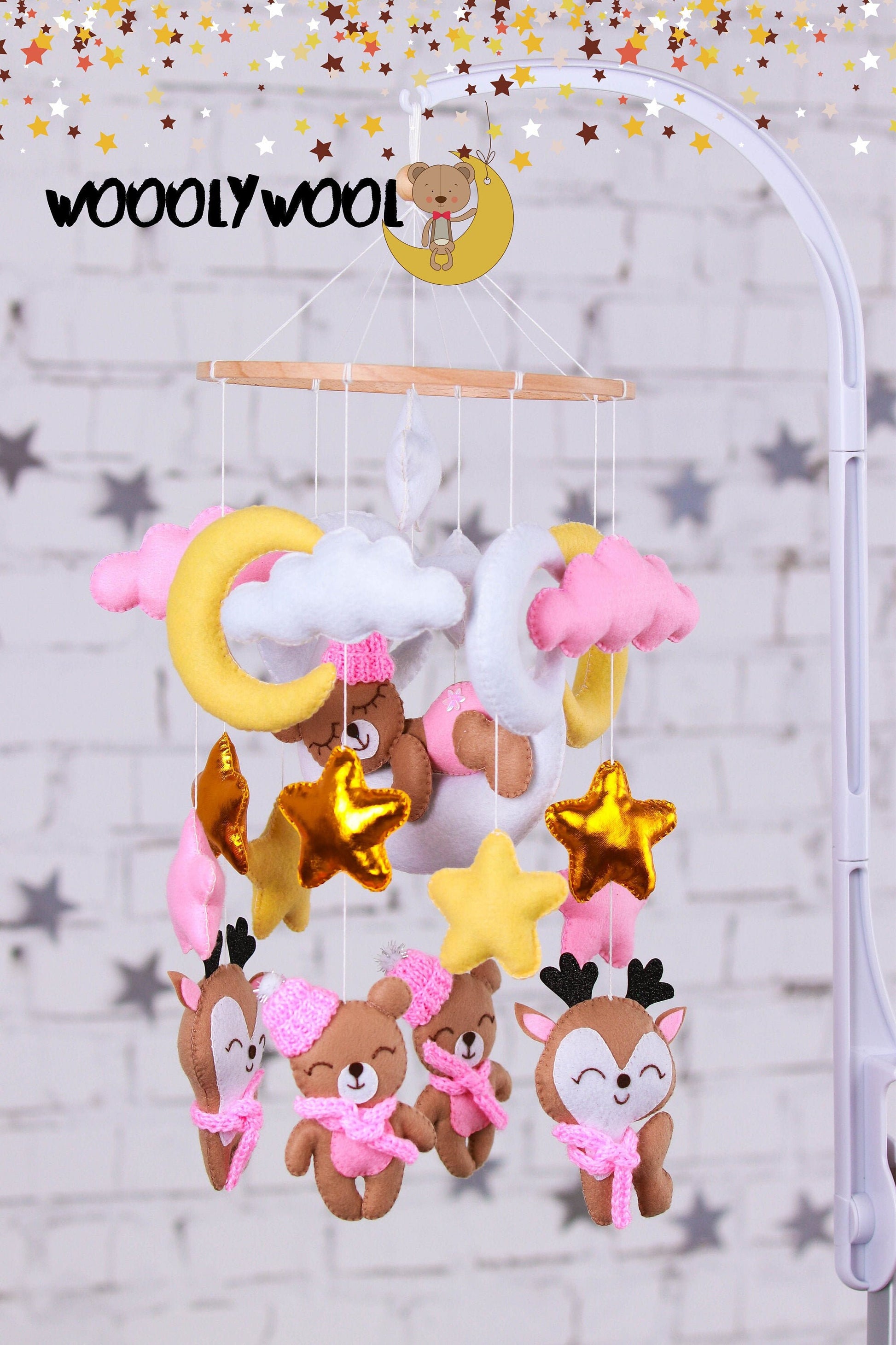 Bear on the moon baby crib mobile, nursery girl crib mobile