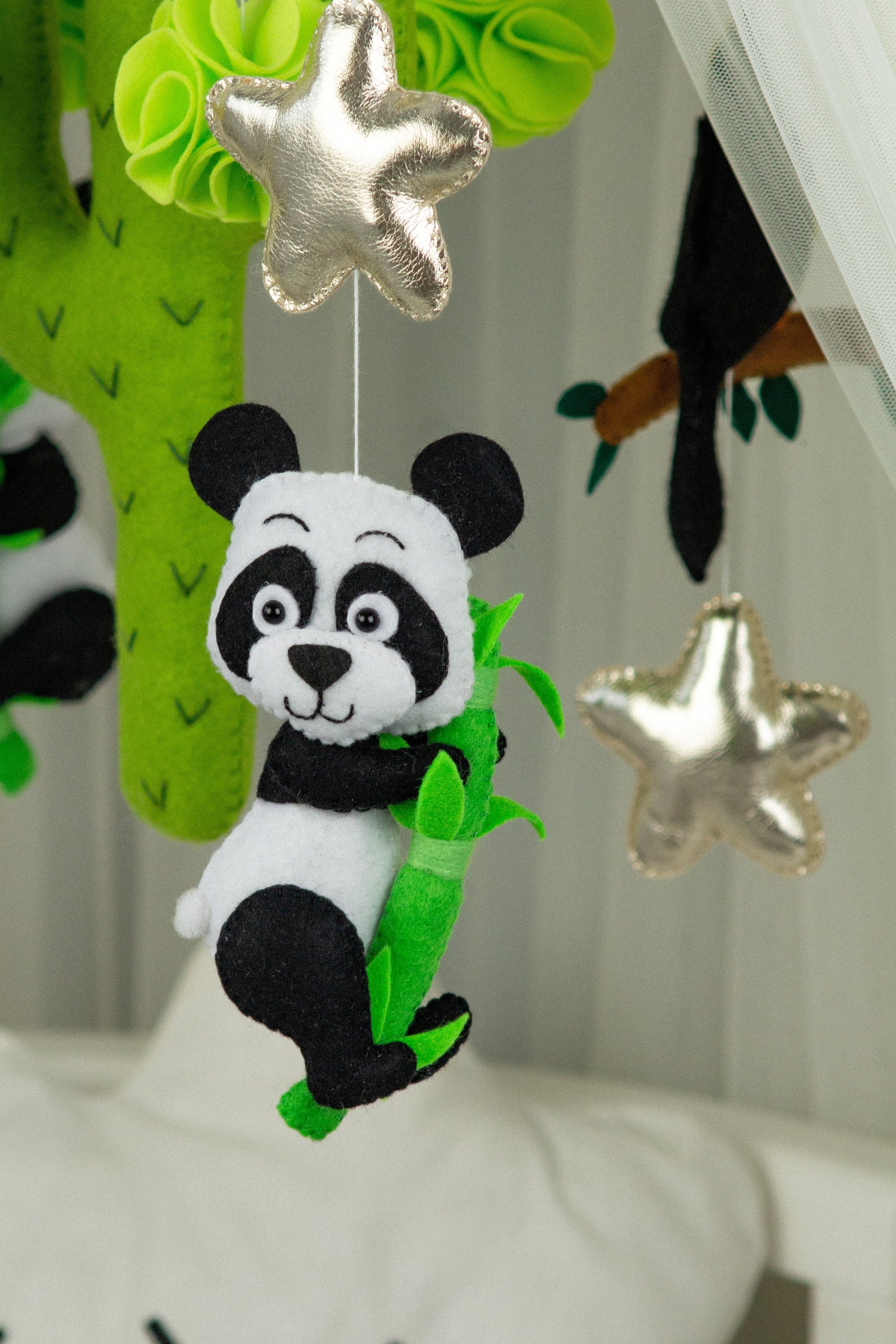 Tropical baby crib mobile, Jungle crib mobile with panda bear and toucan