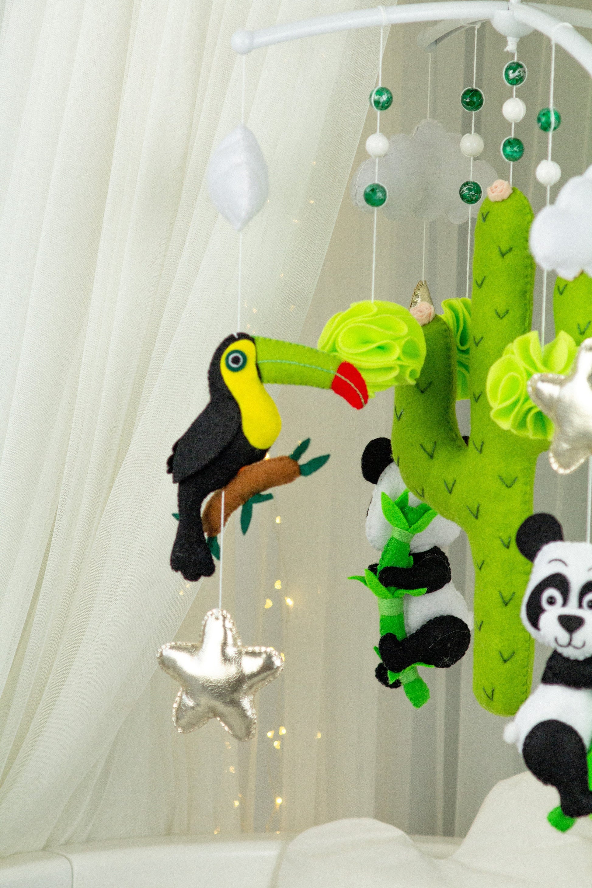 Tropical baby crib mobile, Jungle crib mobile with panda bear and toucan