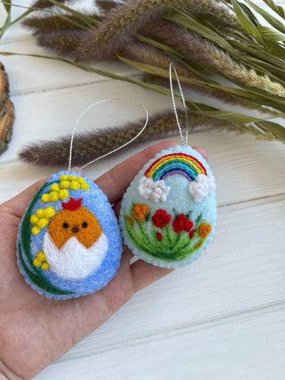 Felt Easter Egg Ornament Decorated with Natural Wool