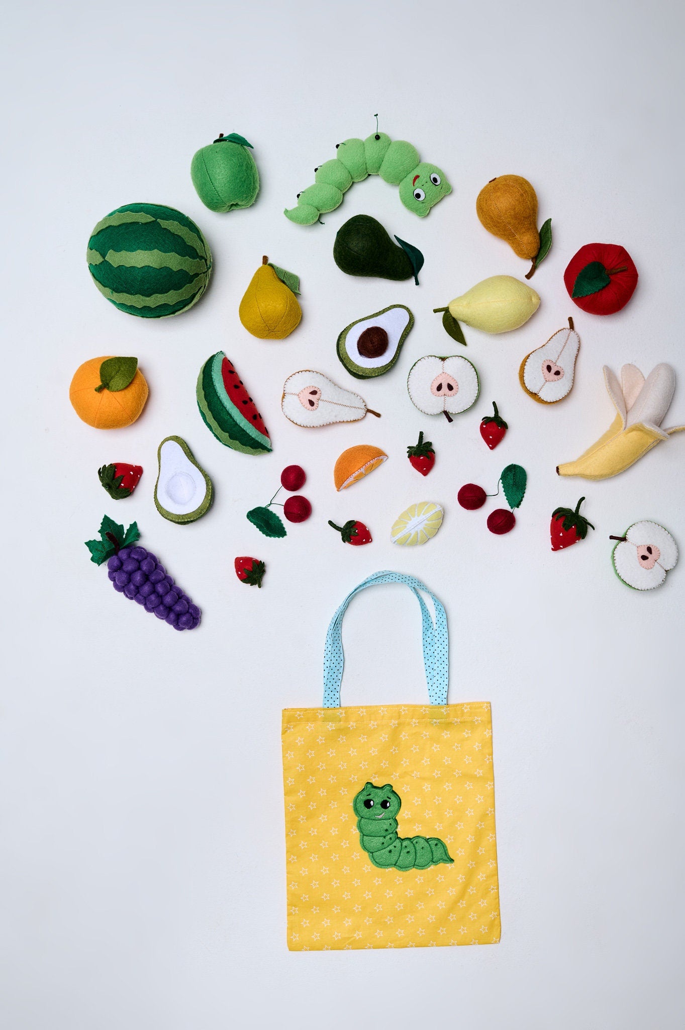 Complete felt fruit toy set with 28 items and bag – handmade soft play food
