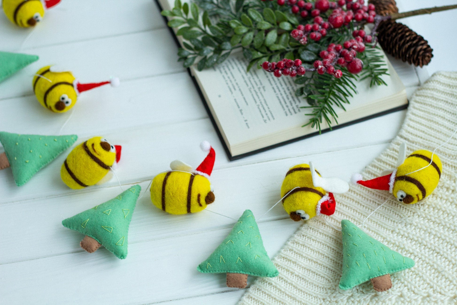 Bumble Bee Felt Christmas Garland Wool Bees in Santa Hats