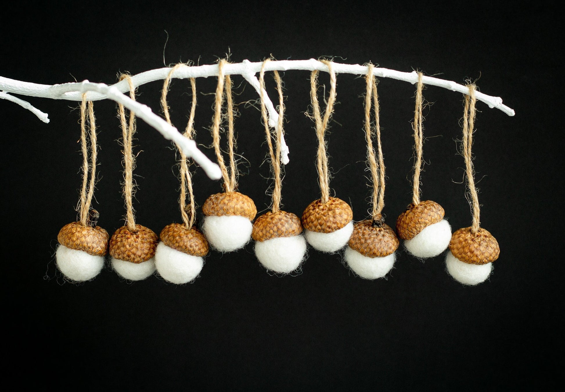 Christmas felted acorn ornaments, Set of 6/12/20 natural white rustic holiday decorations