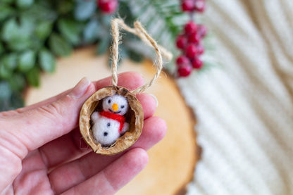 Christmas tree needle felted in half walnut shell 